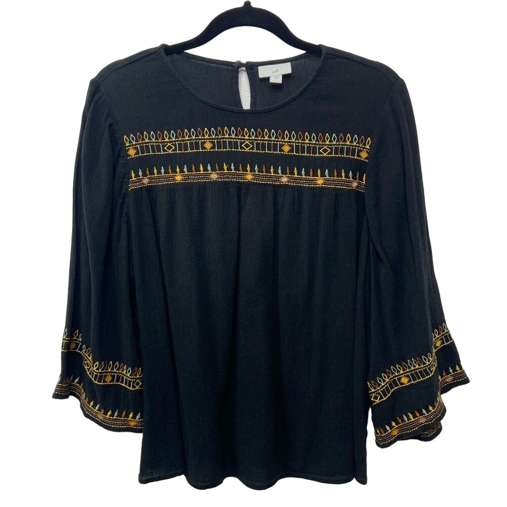 J Jill Embroider Oversized Blouse Top Wide Sleeve Round Neck Black Boho Lagen S